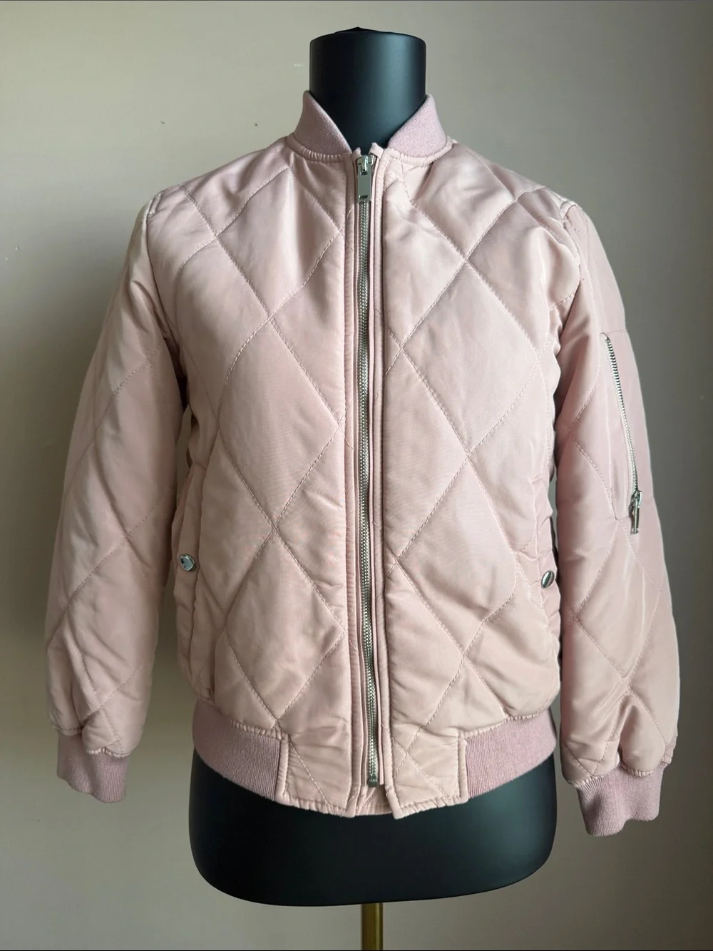 Zara Quilted Bomber Jacket in blush Pink
